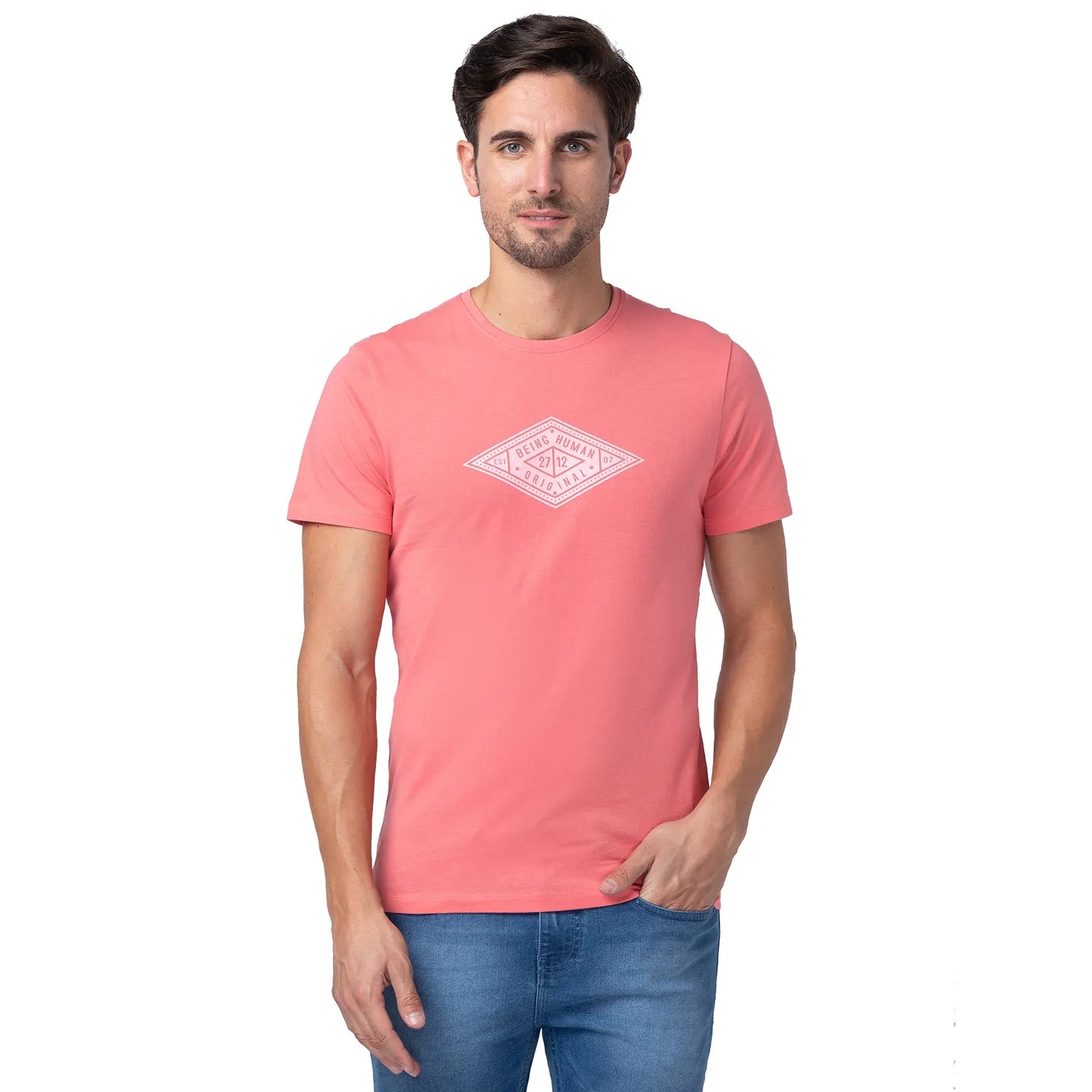Pink Regular Fit Men's Short Sleeves T-Shirt by Being Human Clothing