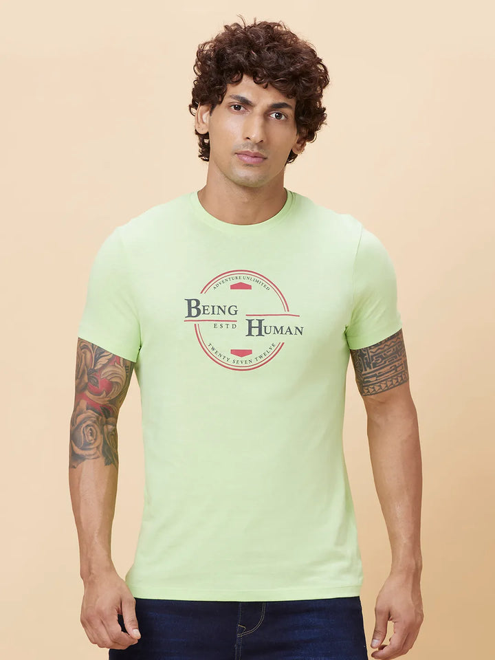 Sap Green Regular Fit Round Neck Men's T-Shirt by Being Human Clothing