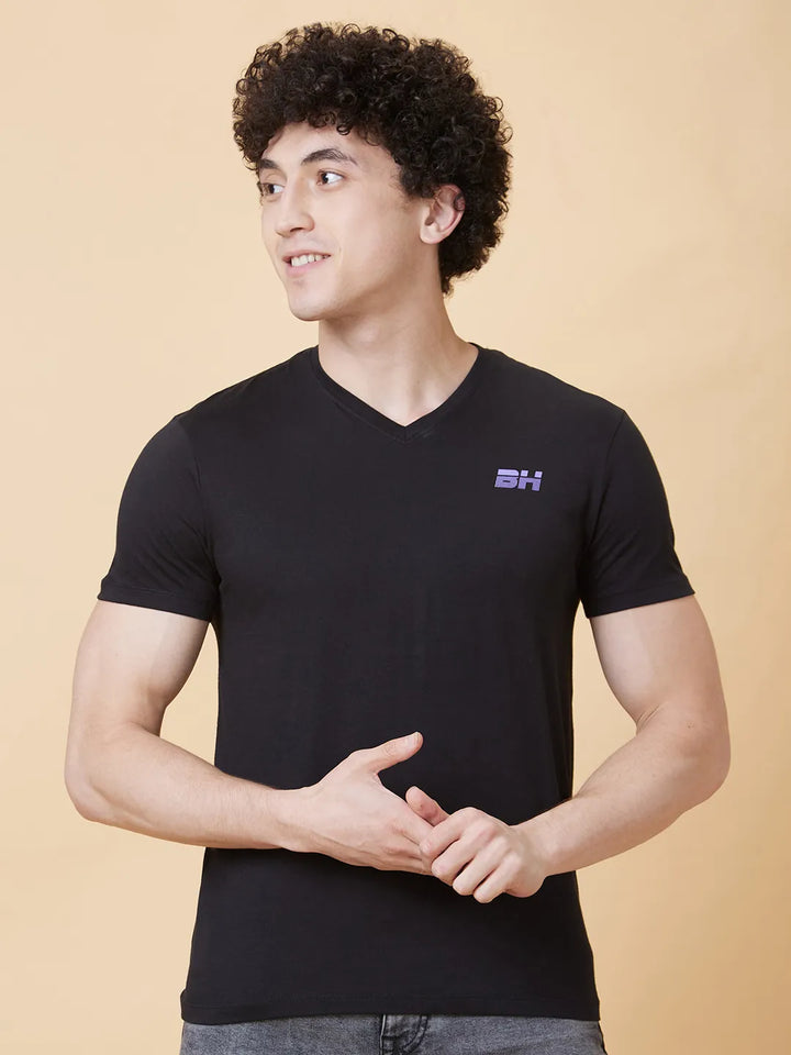 Black Regular Fit Men's V-neck Short Sleeves T-Shirt by Being Human Clothing