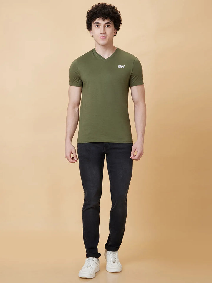 Green Regular Fit Men's V Neck T-Shirt by Being Human Clothing