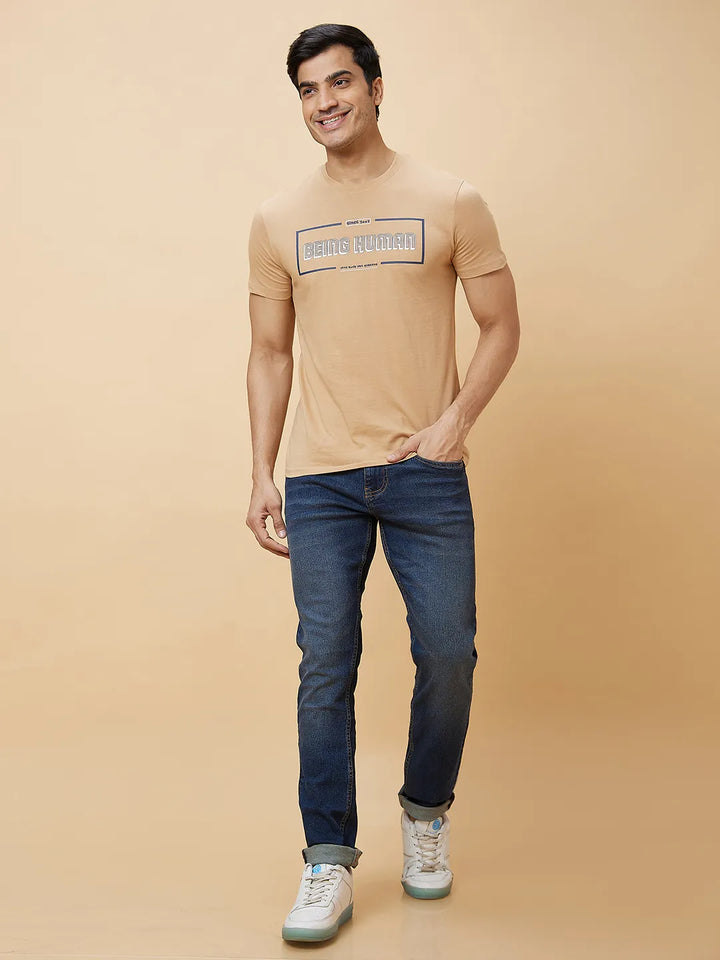 Beige Regular Fit Men's Short Sleeves T-Shirt by Being Human Clothing