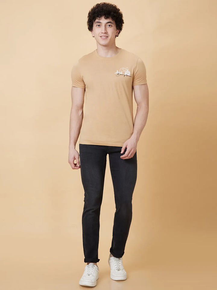 Champagne Beige Regular Fit Round Neck Men's T-Shirt by Being Human Clothing