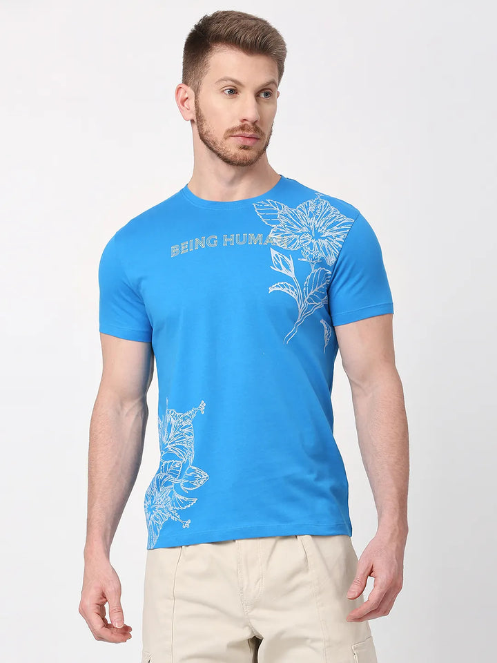 Blue Regular Fit Round Neck Men's T-Shirt by Being Human Clothing