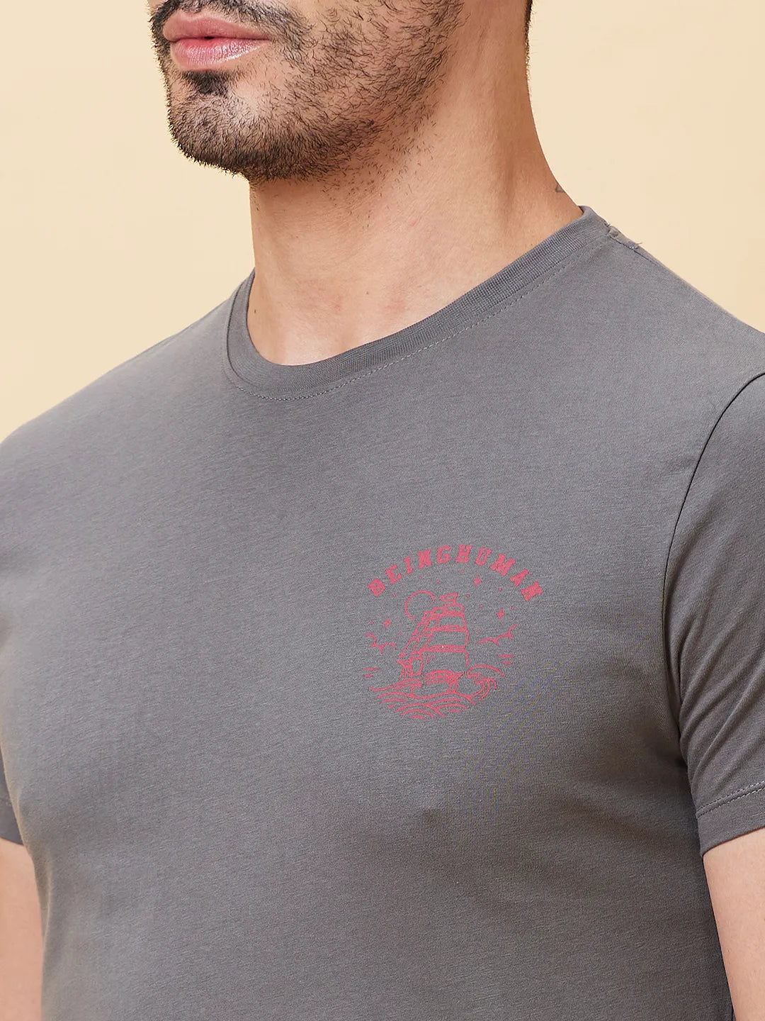 Grey Regular Fit Men's Short Sleeves T-Shirt by Being Human Clothing