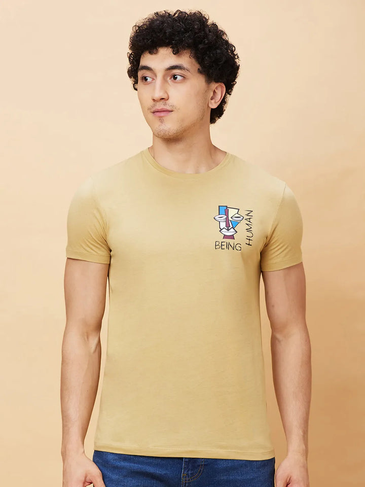 Khaki Regular Fit Men's Short Sleeves T-Shirt by Being Human Clothing