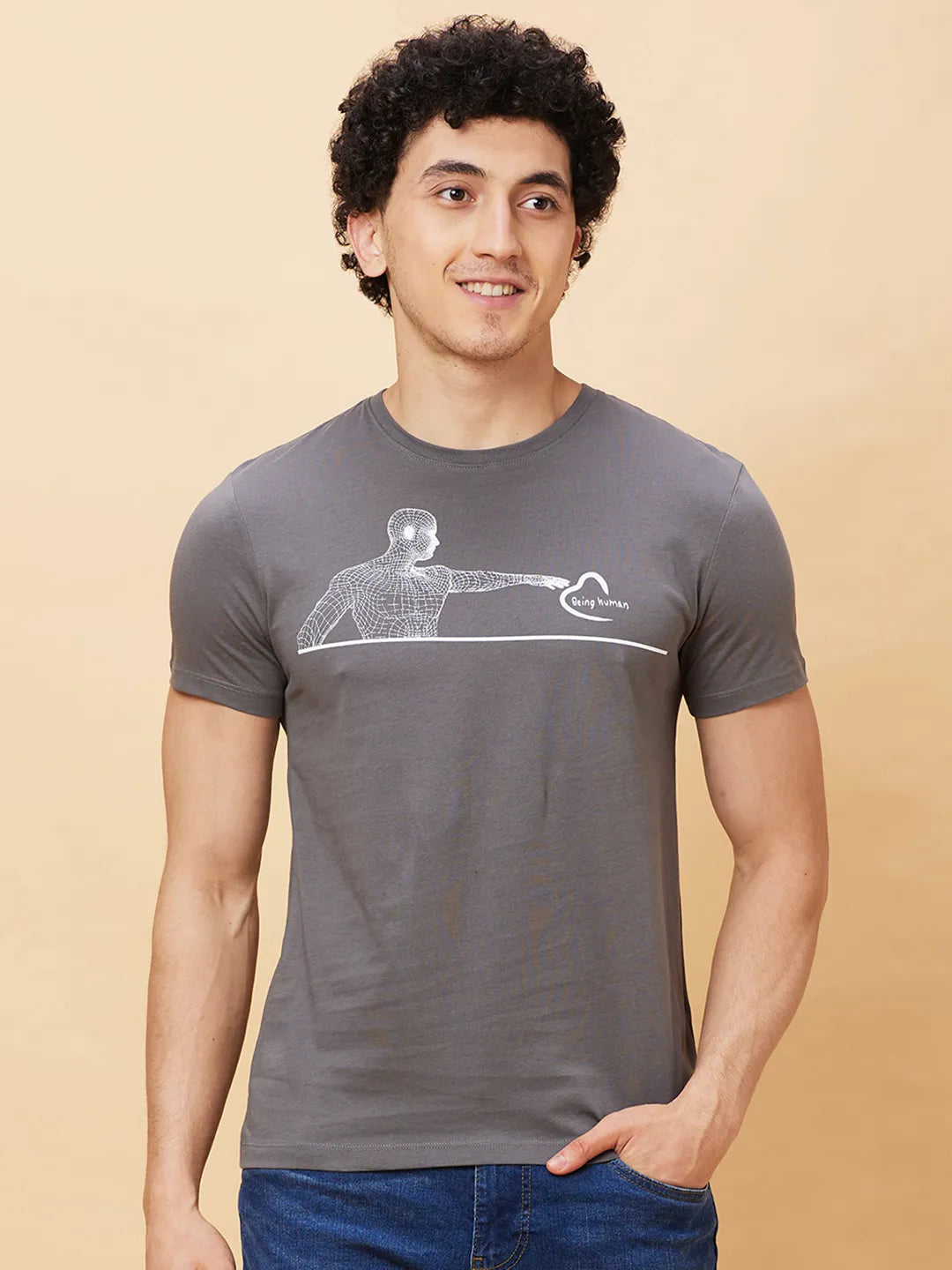 Grey Regular Fit Men's Short Sleeves T-Shirt by Being Human Clothing