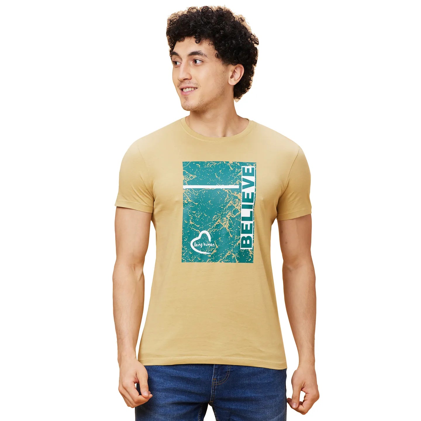Khaki Regular Fit Men's Short Sleeves T-Shirt by Being Human Clothing