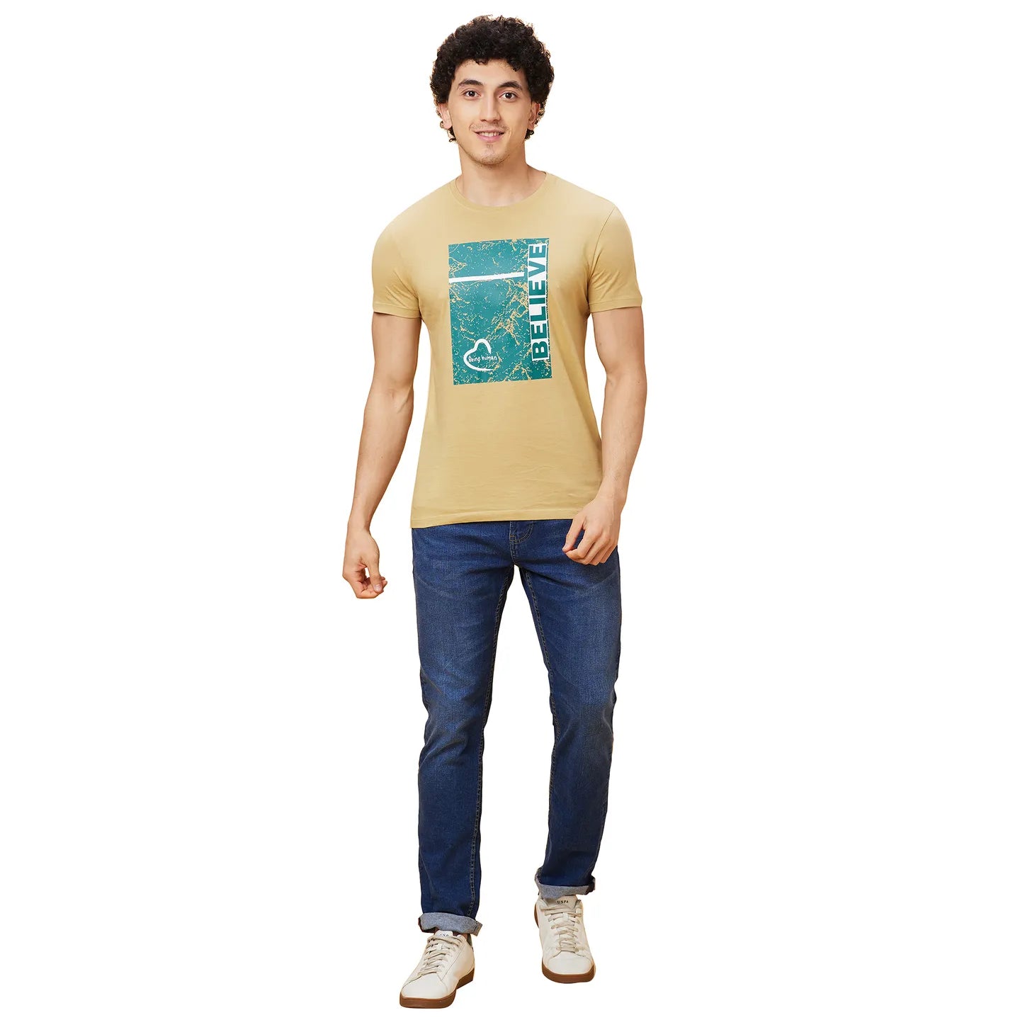 Khaki Regular Fit Men's Short Sleeves T-Shirt by Being Human Clothing