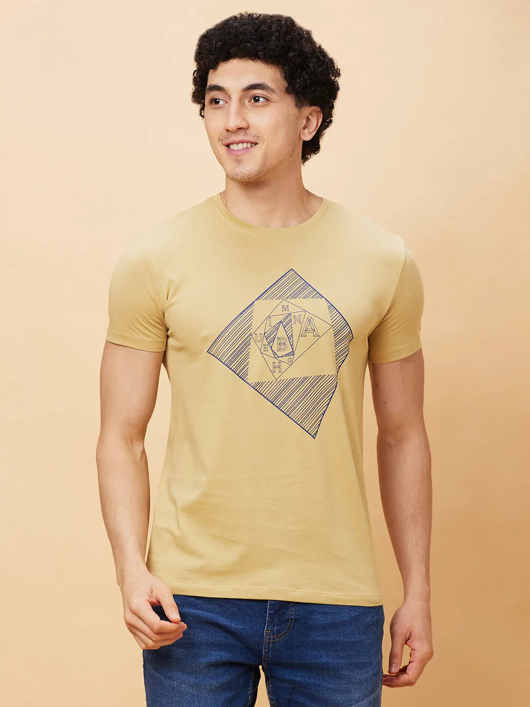 Light Khaki Regular Fit Round Neck Men's T-Shirt by Being Human Clothing