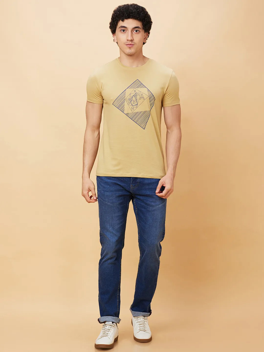 Light Khaki Regular Fit Round Neck Men's T-Shirt by Being Human Clothing