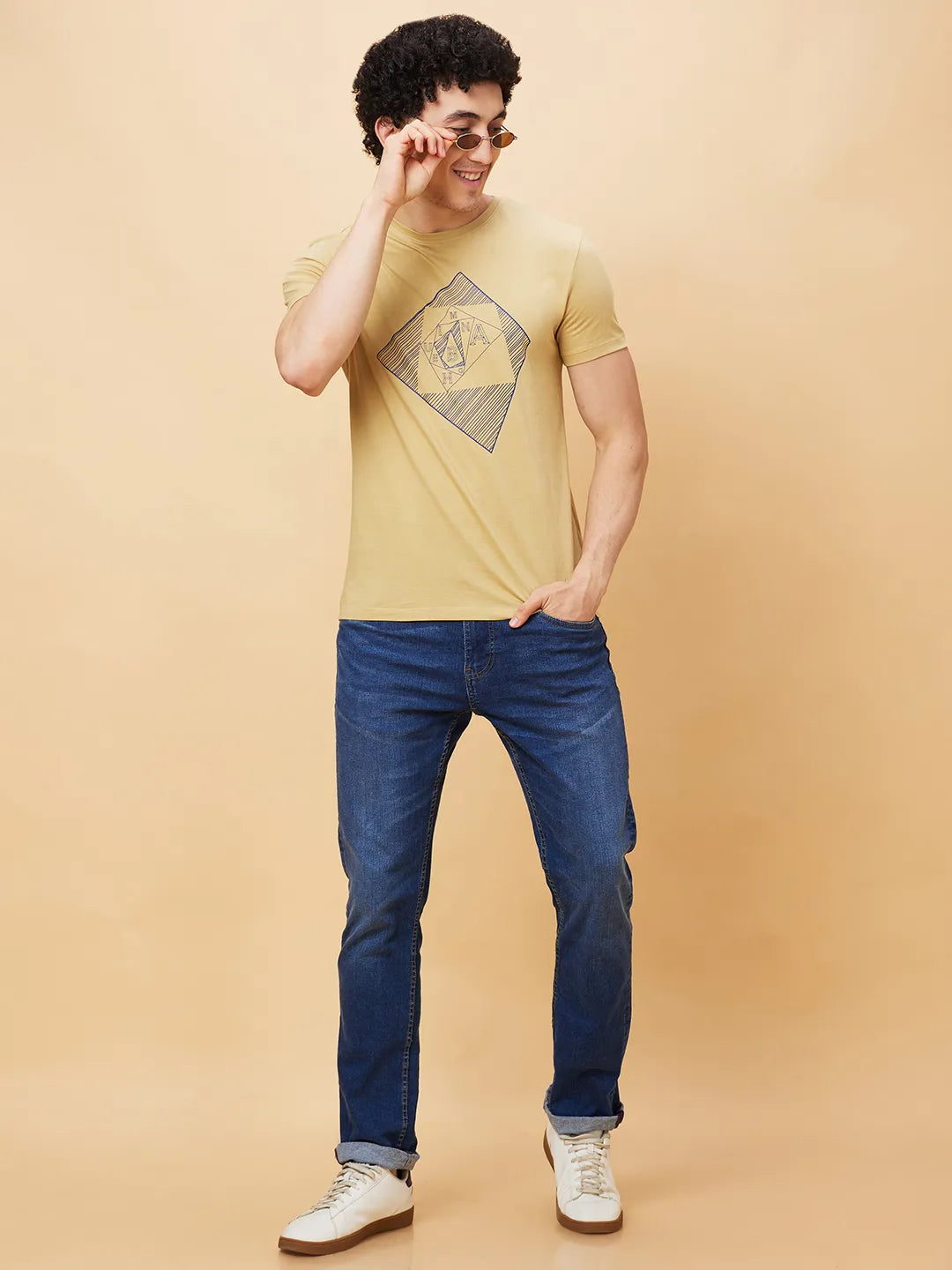 Light Khaki Regular Fit Round Neck Men's T-Shirt by Being Human Clothing