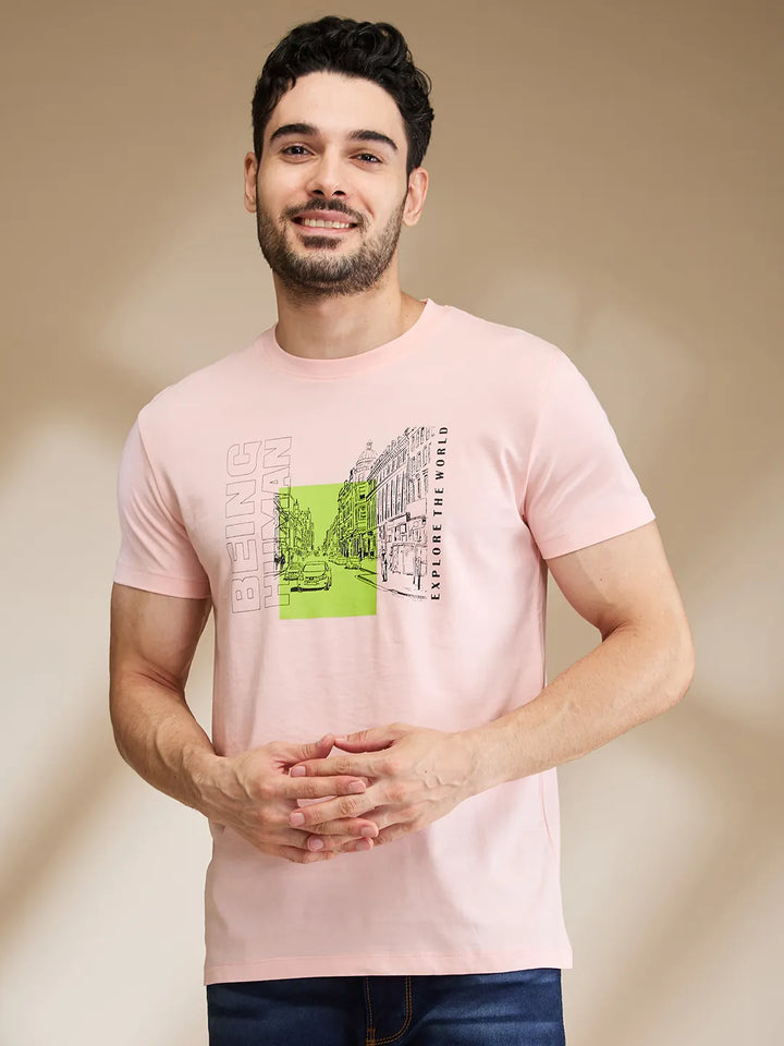 Pink Regular Fit Men's Short Sleeves T-Shirt by Being Human Clothing