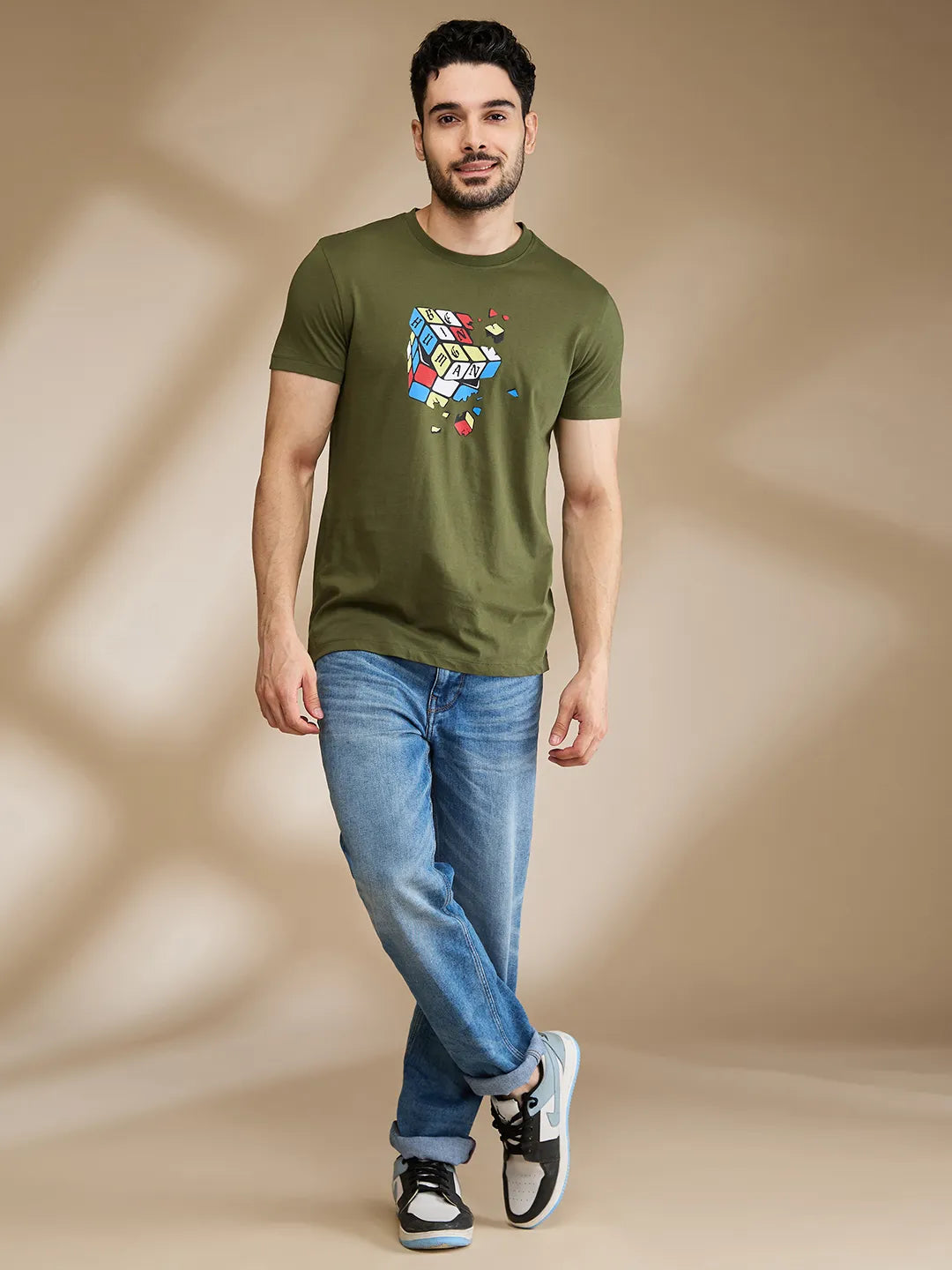 Dark Olive Regular Fit Round Neck Men's T-Shirt by Being Human Clothing