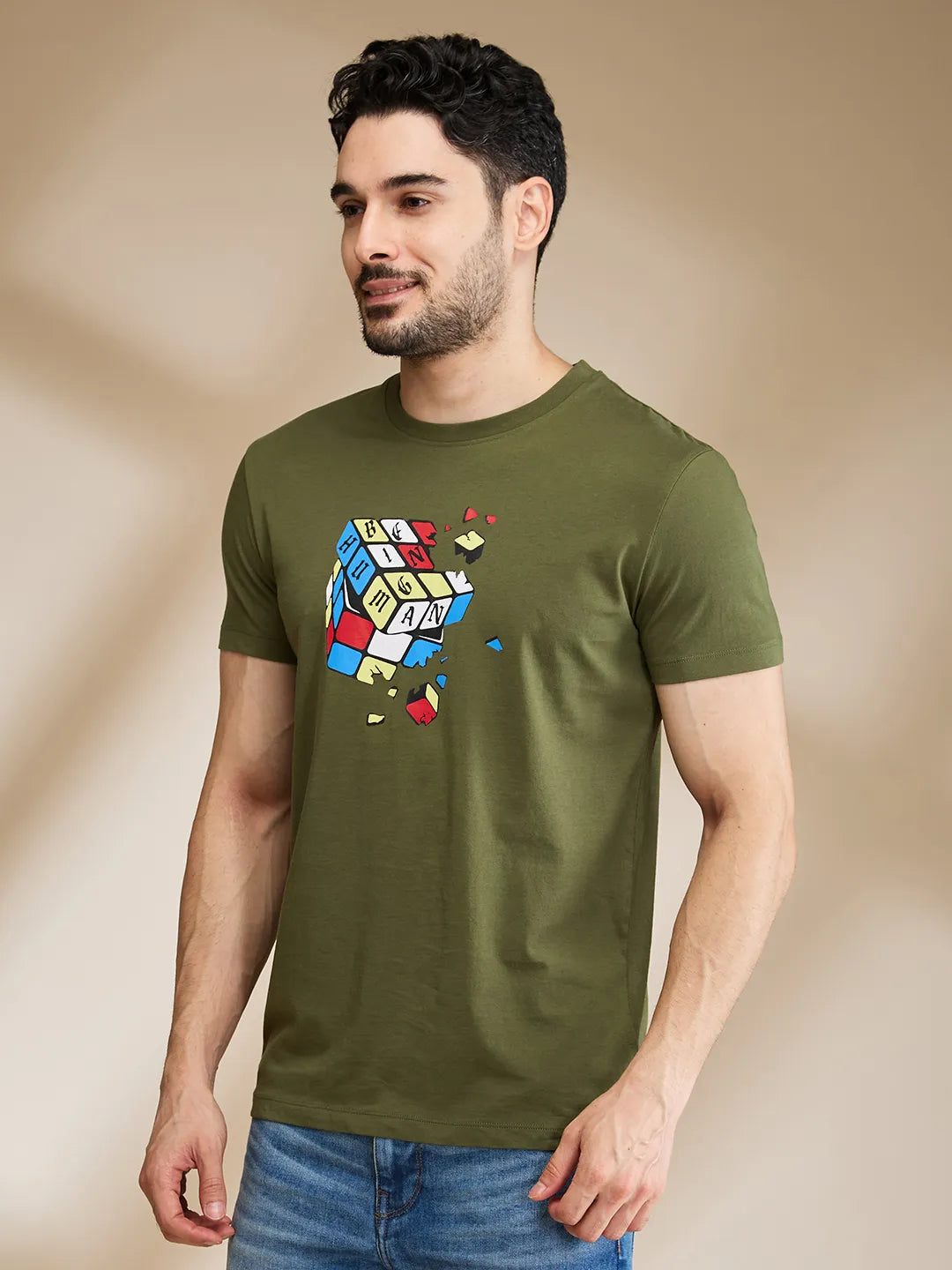Dark Olive Regular Fit Round Neck Men's T-Shirt by Being Human Clothing