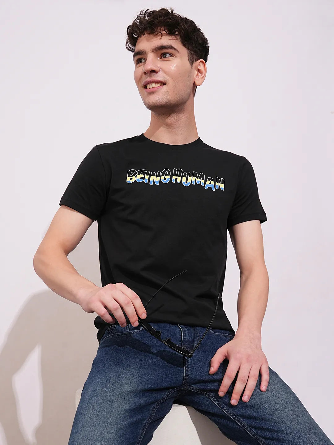 Black Regular Fit Round Neck Men's T-Shirt by Being Human Clothing