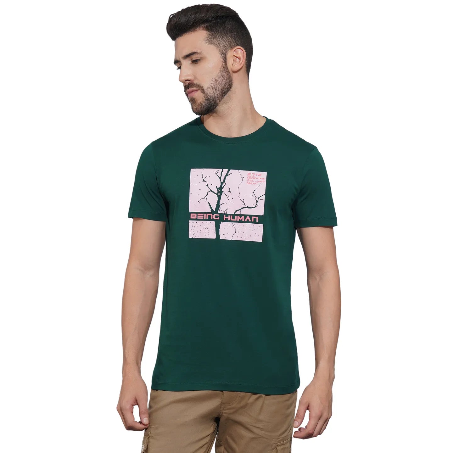 Dark Green Regular Fit Round Neck Men's T-Shirt by Being Human Clothing