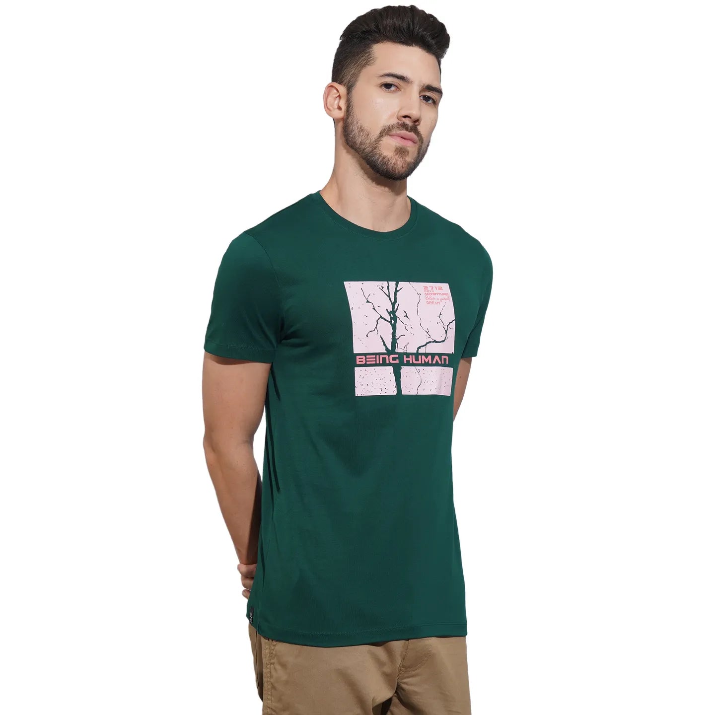 Dark Green Regular Fit Round Neck Men's T-Shirt by Being Human Clothing