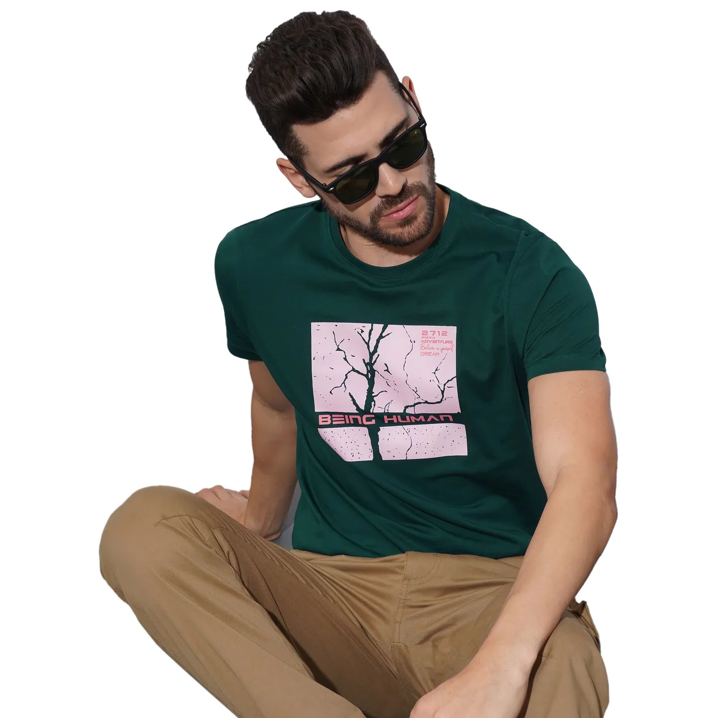 Dark Green Regular Fit Round Neck Men's T-Shirt by Being Human Clothing