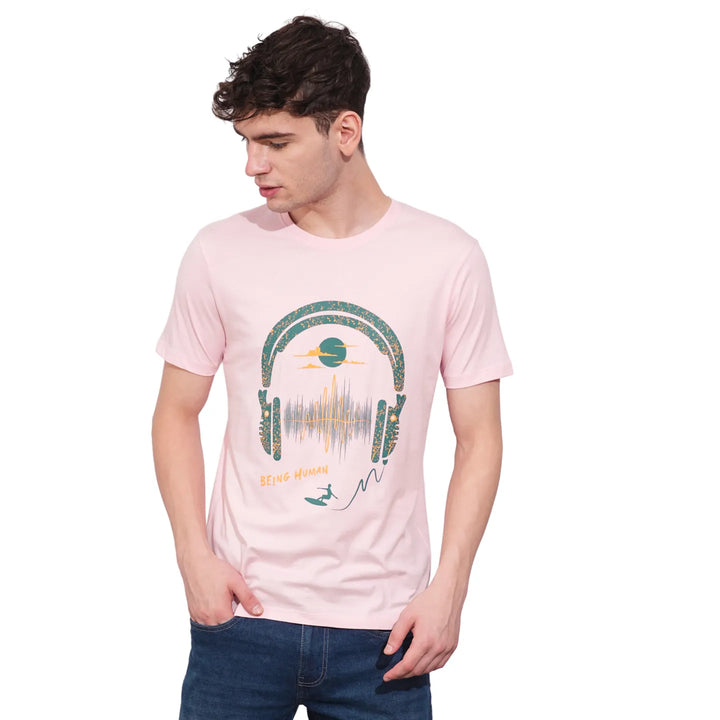 Light Pink Regular Fit Round Neck Men's T-Shirt by Being Human Clothing