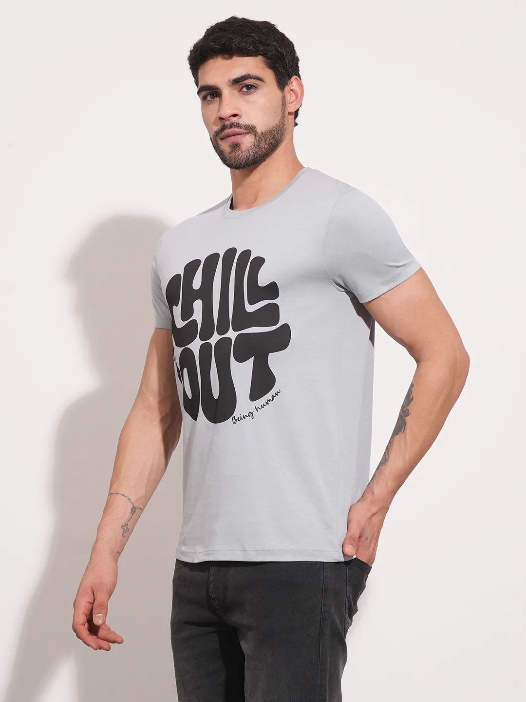 Grey Regular Fit Men's Short Sleeves T-Shirt by Being Human Clothing
