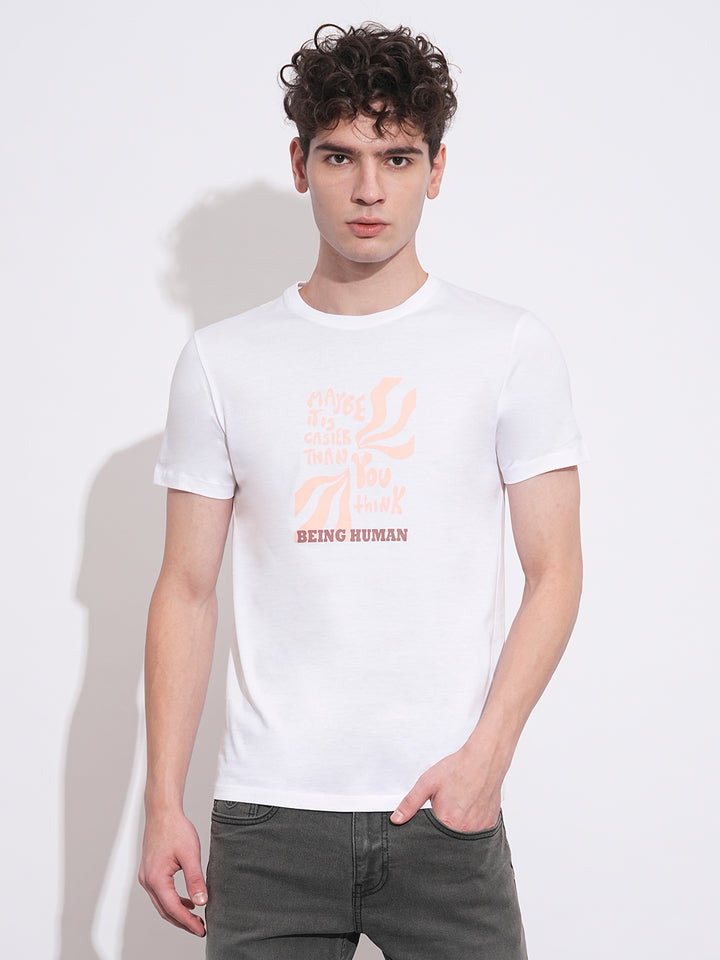 White Regular Fit Round Neck Men's T-Shirt by Being Human Clothing