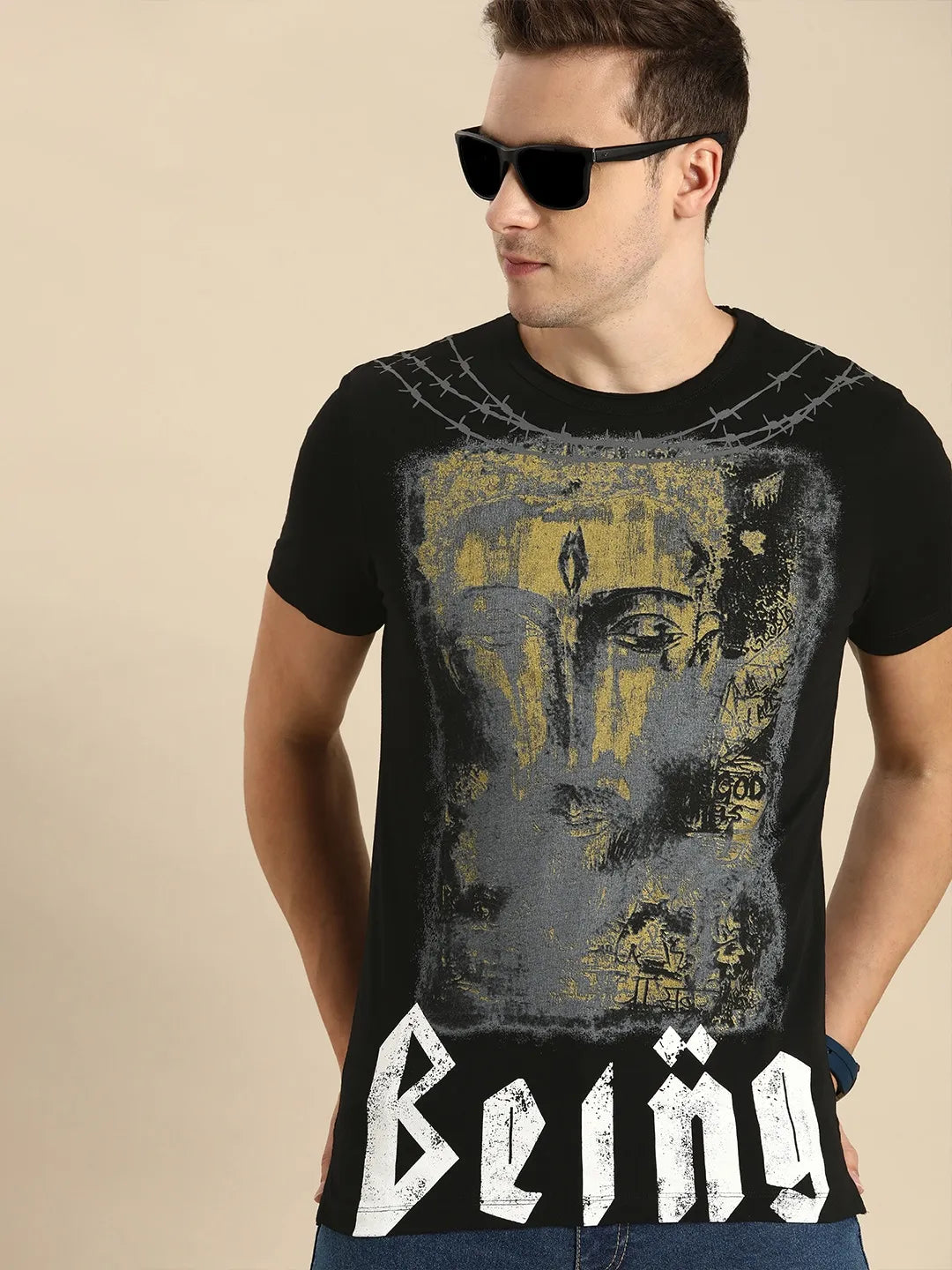 Black Slim Straight Fit Men's Short Sleeves T-Shirt by Being Human Clothing