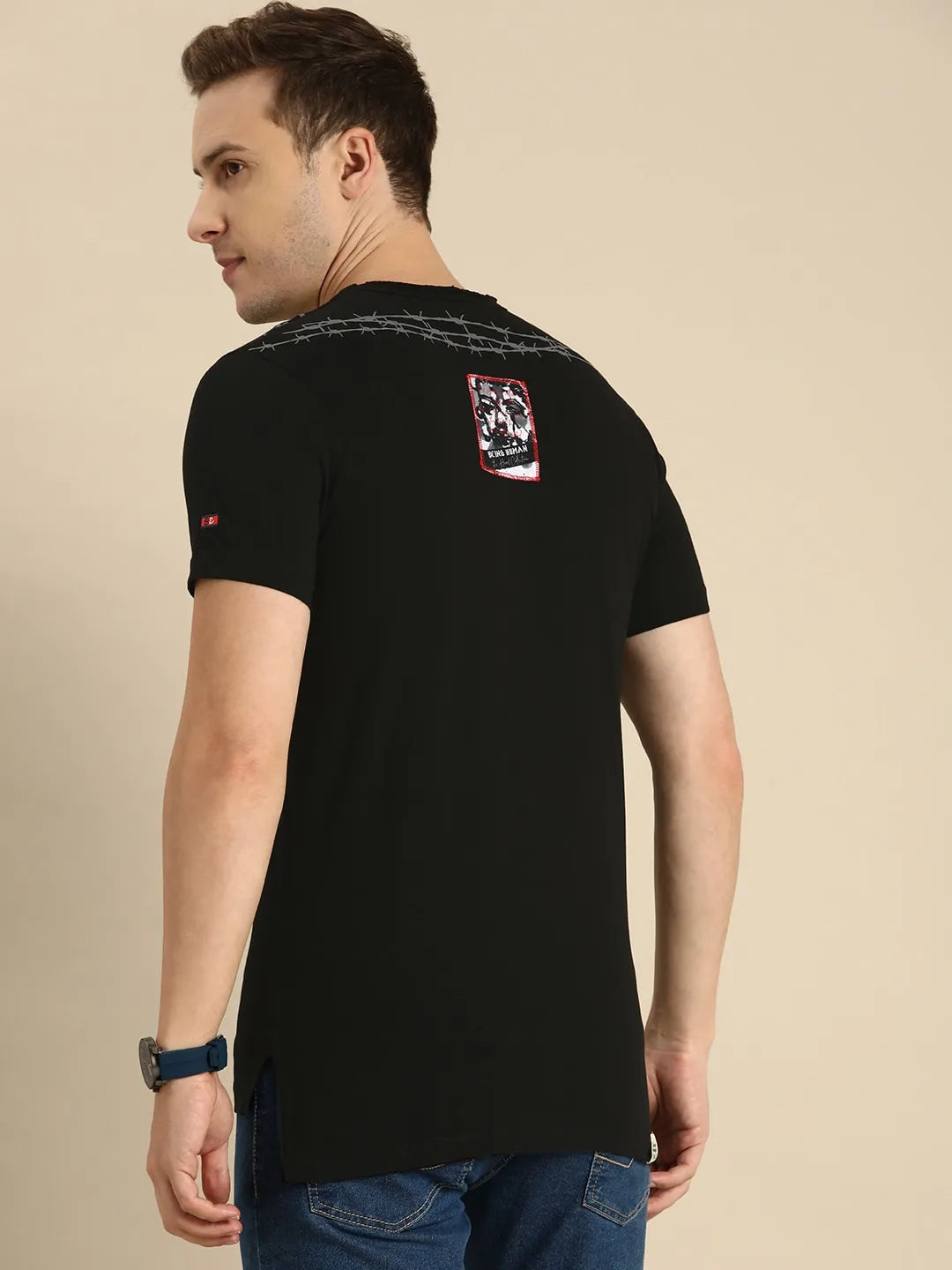 Black Slim Straight Fit Men's Short Sleeves T-Shirt by Being Human Clothing