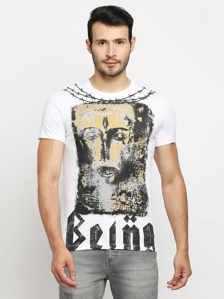 White Slim Fit Round Neck Men's T-Shirt by Being Human Clothing