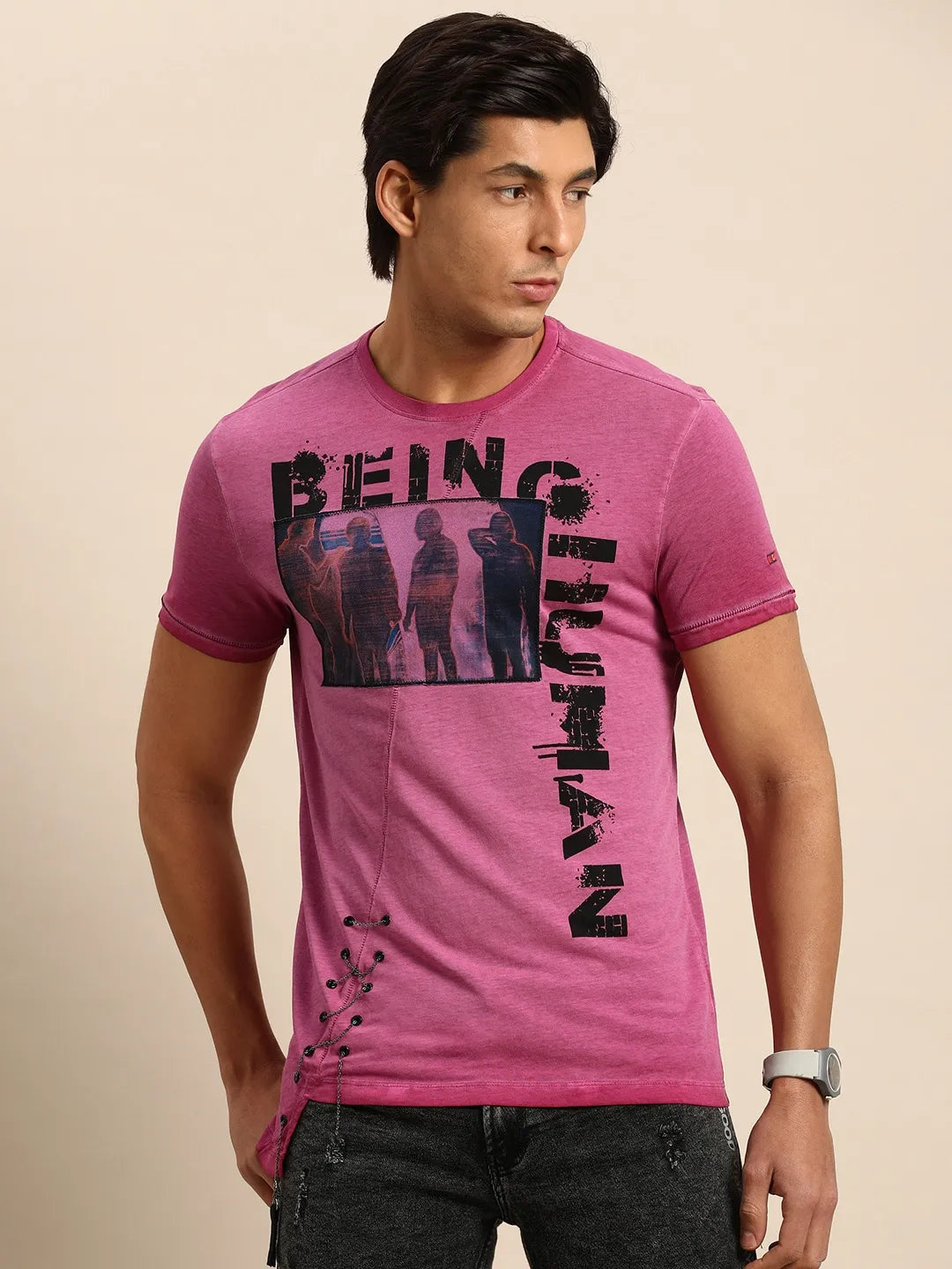 Being Human Clothing Men Slim Fit Crew Neck T-Shirts-Fuchsia