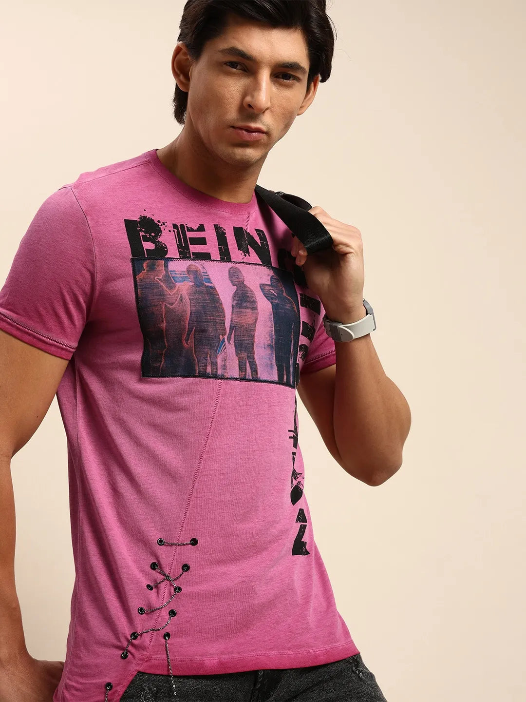 Being Human Clothing Men Slim Fit Crew Neck T-Shirts-Fuchsia