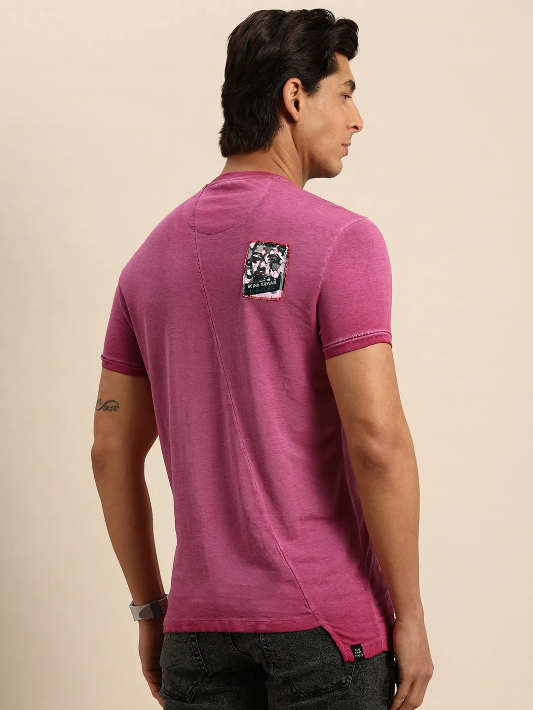 Being Human Clothing Men Slim Fit Crew Neck T-Shirts-Fuchsia
