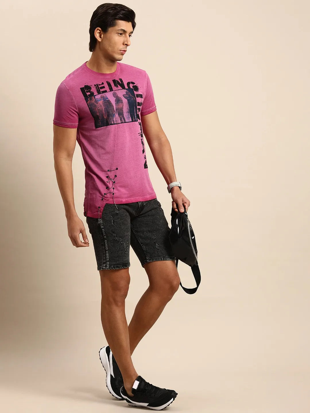 Being Human Clothing Men Slim Fit Crew Neck T-Shirts-Fuchsia