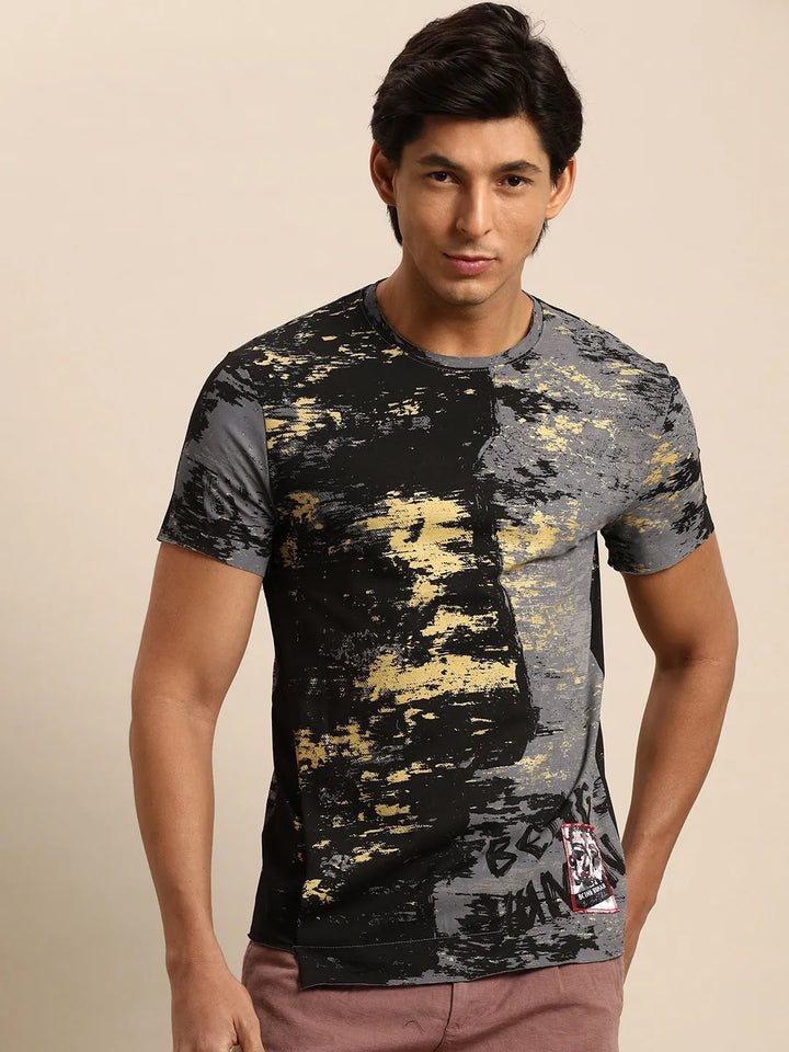 Black & Grey Slim Fit Round Neck Men's T-Shirt by Being Human Clothing
