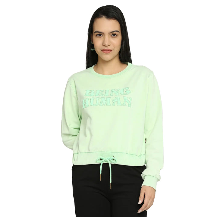 Green Boxy Fit Round Neck Long Sleeves Cotton Women's Sweatshirt