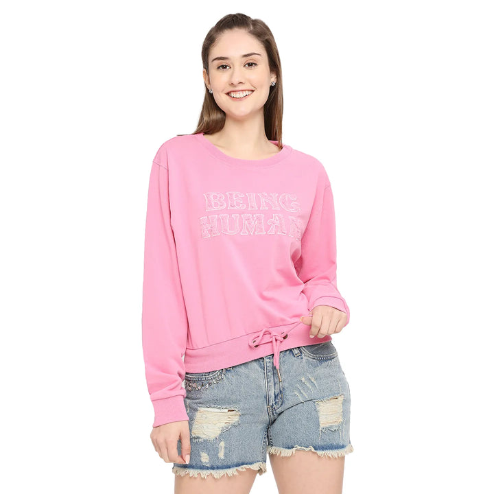 Pink Boxy Fit Round Neck Long Sleeves Cotton Women's Sweatshirt