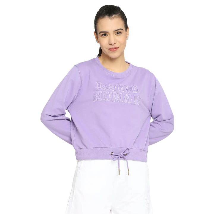 Beige Boxy Fit Round Neck Long Sleeves Cotton Women's Sweatshirt