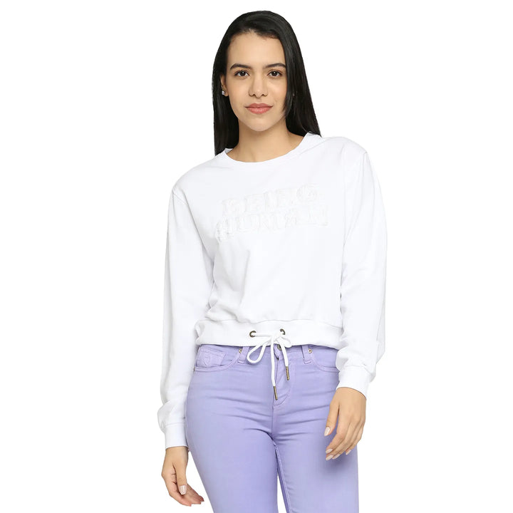 White Boxy Fit Round Neck Long Sleeves Cotton Women's Sweatshirt