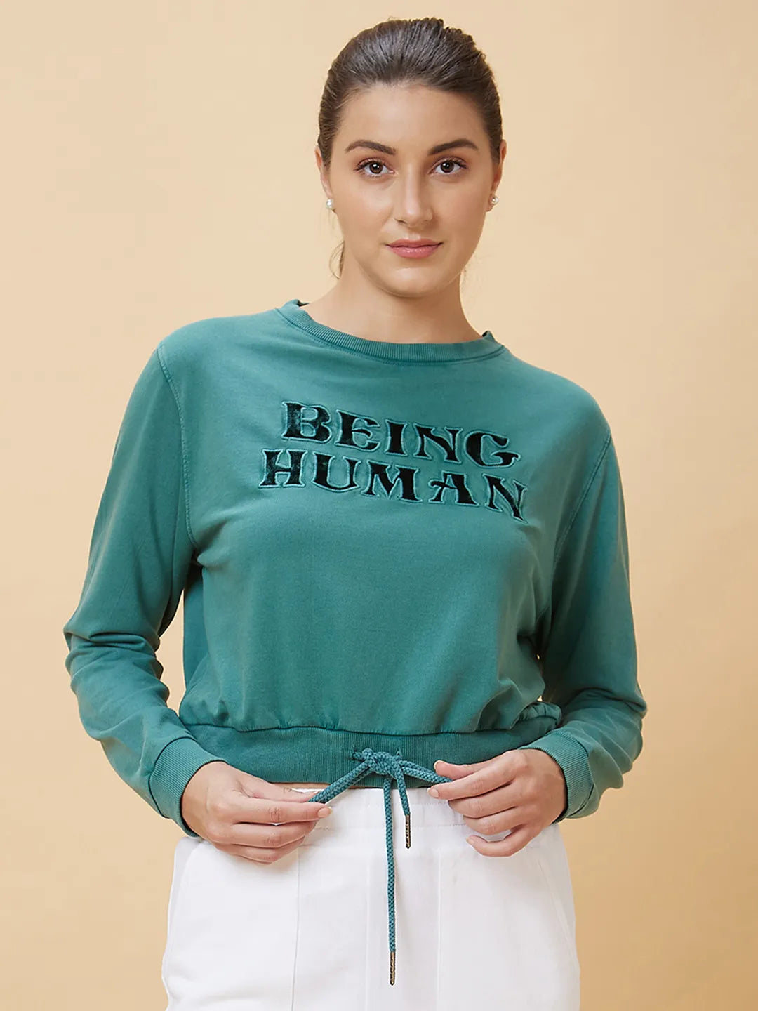Being Human Clothing Women Crop Boxy Fit Crew Neck T-Shirts Duckegg Green