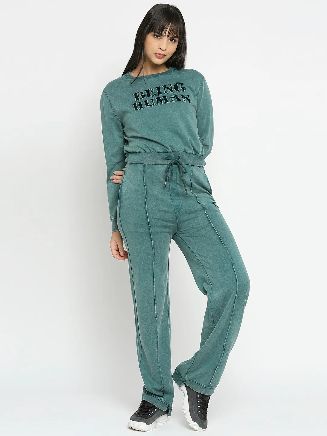 Green Wide Leg Fit Women's Cotton Track Pants By Being Human Clothing