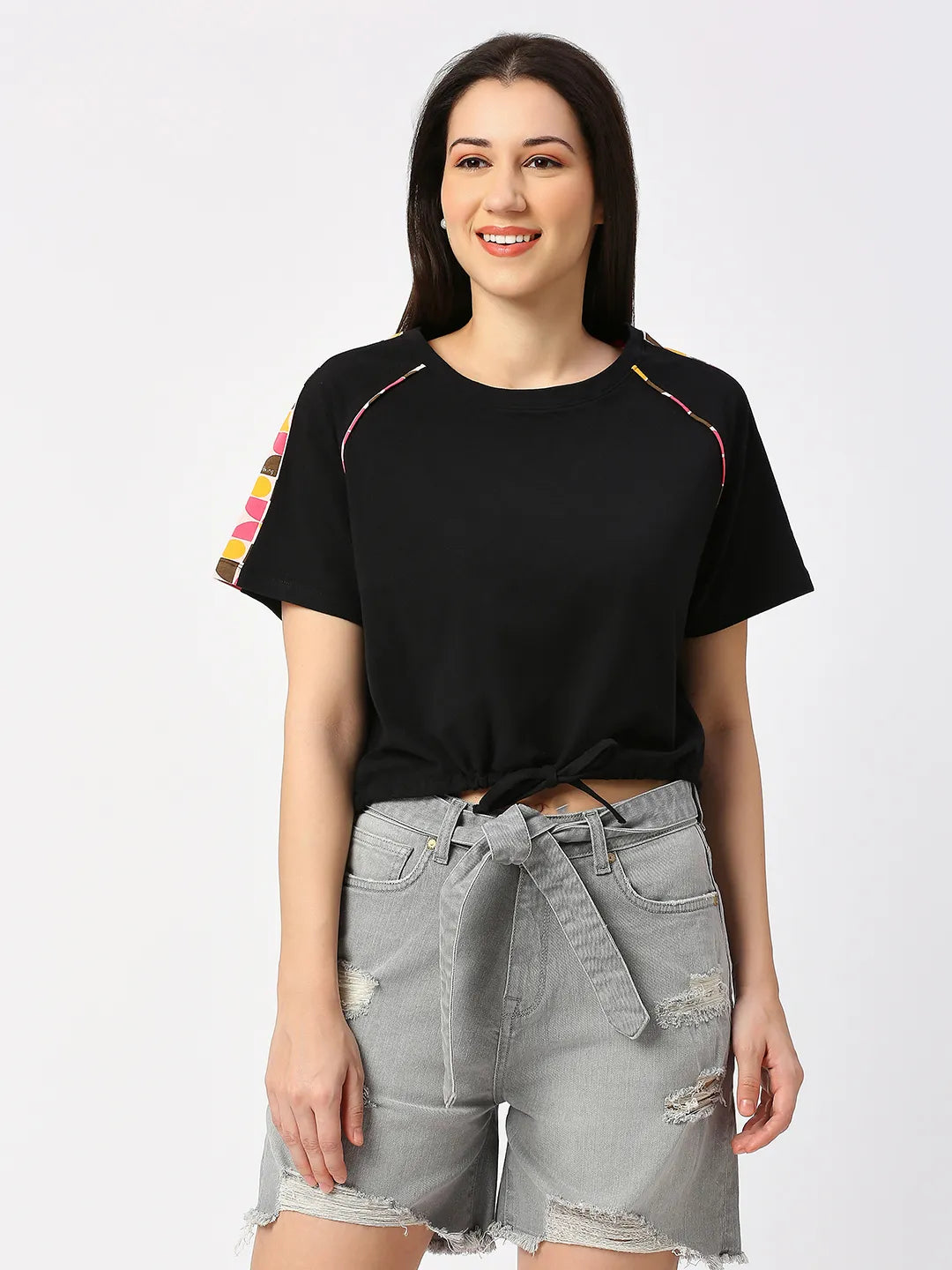 Being Human Clothing Women Boxy Crop  Fit Crew Neck-Black Beauty
