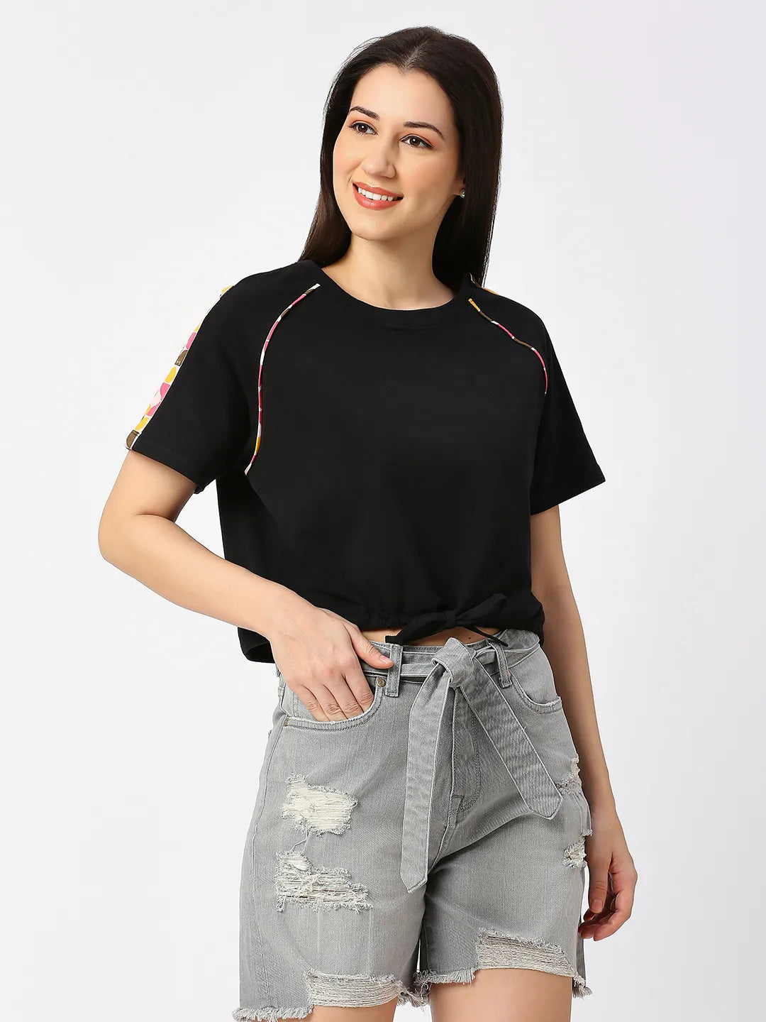 Being Human Clothing Women Boxy Crop  Fit Crew Neck-Black Beauty