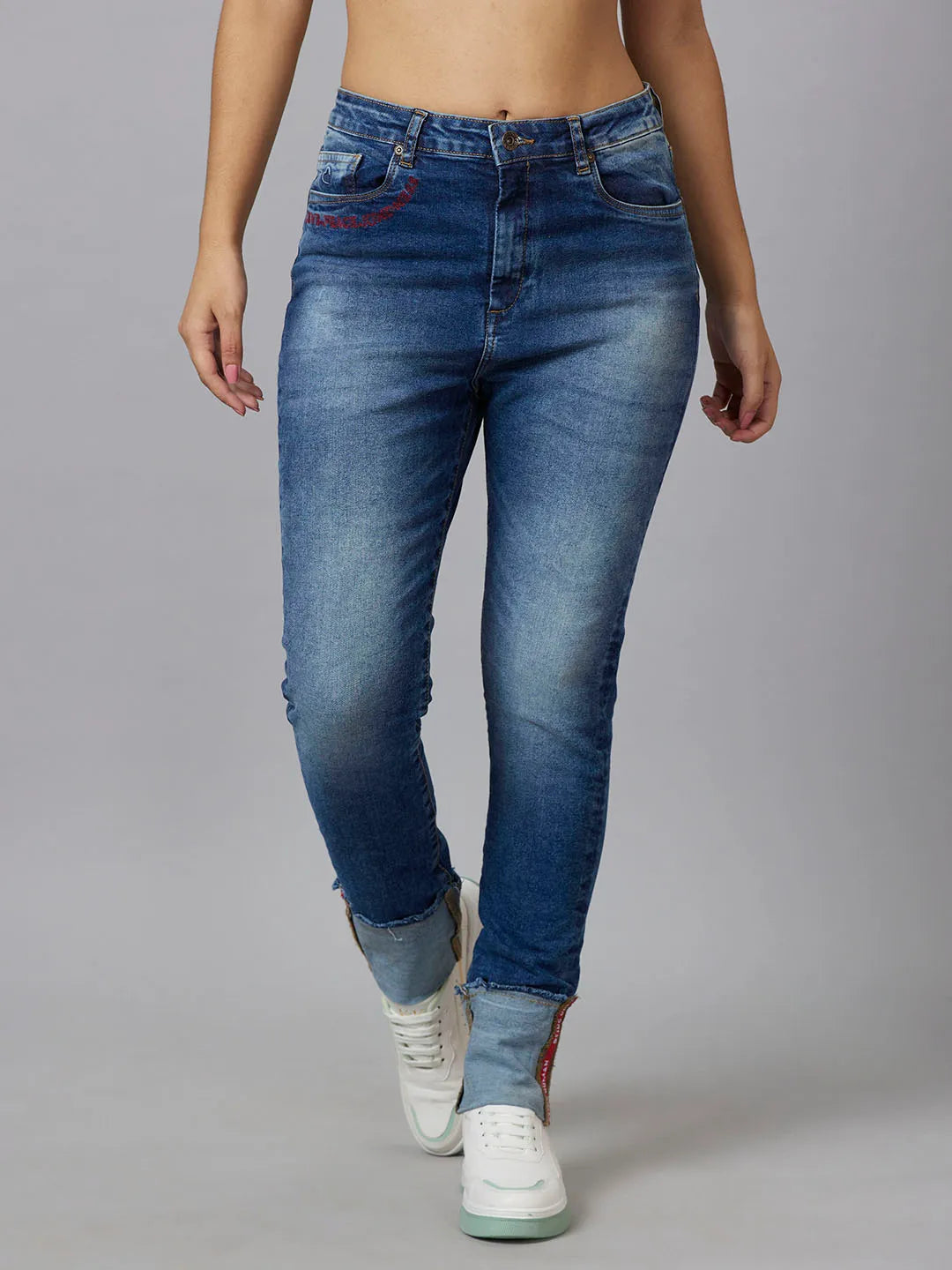 Being Human Clothing Women High Rise Straight Leg Denim-Mid Blue