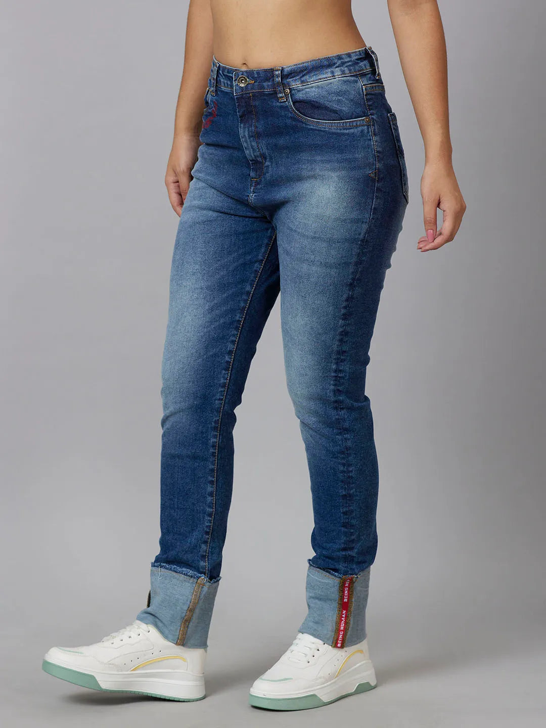 Being Human Clothing Women High Rise Straight Leg Denim-Mid Blue