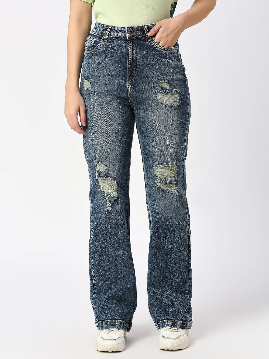 Being Human Clothing Women Wide Flare Leg High Rise Fit Denim-Mid Blue