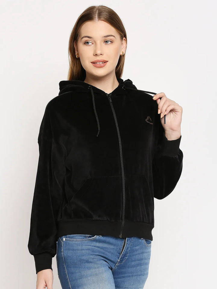 Black Semi Fit  Long Sleeves Cotton Women's Hoodie