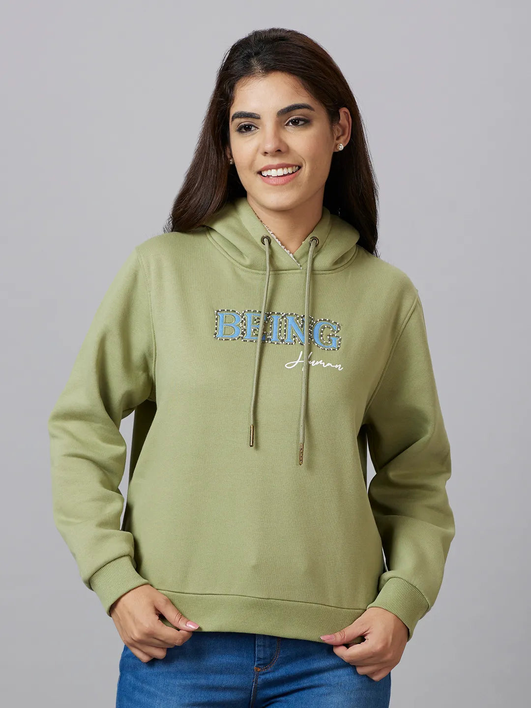 Mint Green Semi Fit Women's Cotton Blend Hoodie By Being Human Clothing
