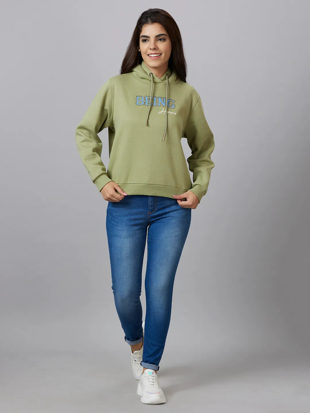 Mint Green Semi Fit Women's Cotton Blend Hoodie By Being Human Clothing