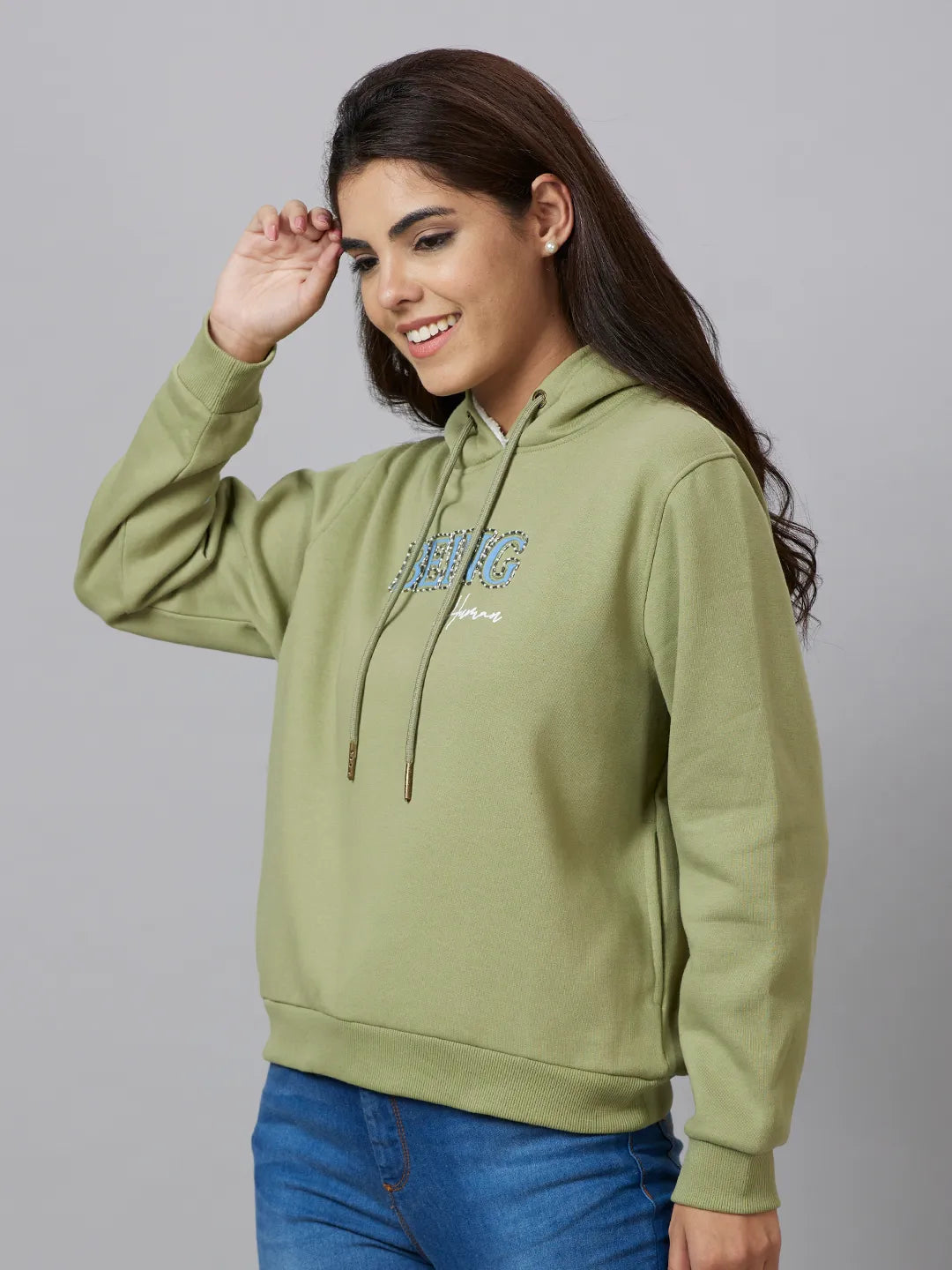 Mint Green Semi Fit Women's Cotton Blend Hoodie By Being Human Clothing