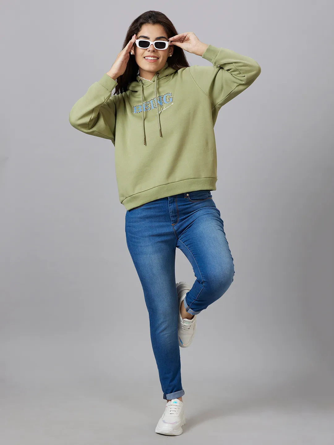 Mint Green Semi Fit Women's Cotton Blend Hoodie By Being Human Clothing