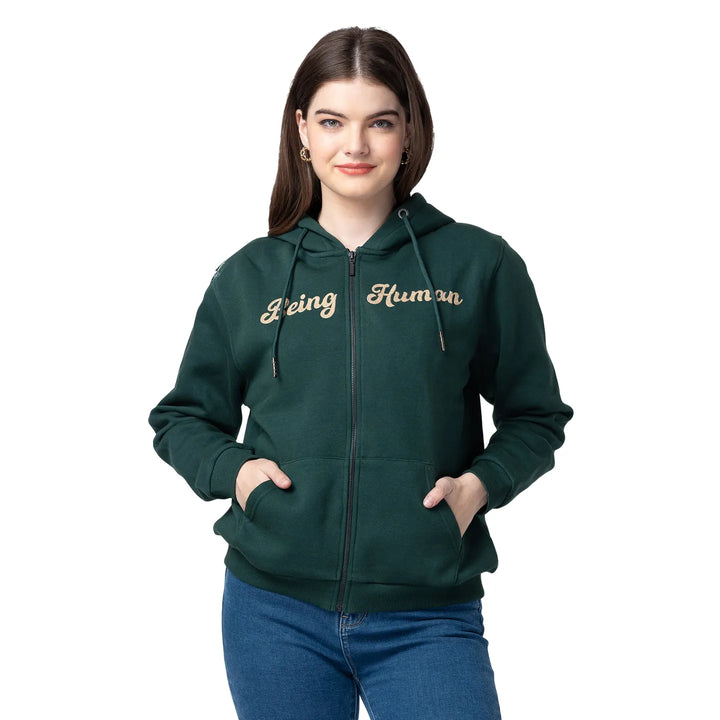 Dark Green Women's Cotton Blend Hoodie By Being Human Clothing